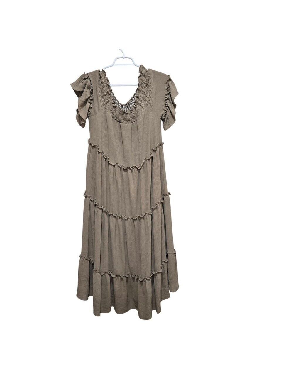 Ces Femme Taupe Smocked Tiered Ruffle Midi Dress Size Large